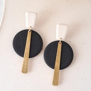 Polymer Clay Black and White Earrings, Neutral Dangle Earrings with Gold Charm, Statement Handmade Lightweight Jewelry, Unique Gift for Her