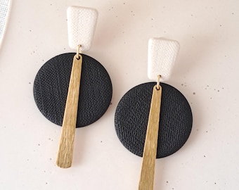 Black and White Polymer Clay Dangle Earrings, Gold Charm, Handmade