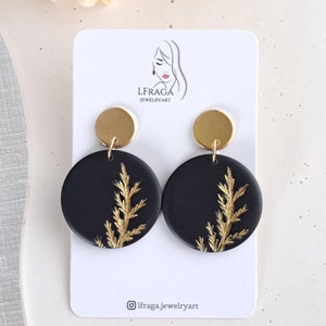 Polymer Clay Black Earrings with Floral Print Fern, Dangle Earrings, Statement Handmade Earrings, Lightweight Earrings, Gift for Her