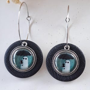 Polymer Clay Earrings, Halloween Earrings, Ghost Black Cat Earring, Handmade Jewelry, Silver Hoop Earring, Lightweight Earring, Gift for Her
