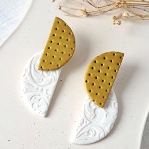White & Gold Polymer Clay Earrings | Statement Stud Lightweight | Dangle Funny Unique Gifts for Her, Sister, and Mom