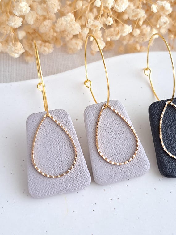 Neutral Polymer Clay Hoop Earrings: Gold Accent Dangle Earrings