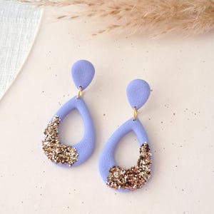 Periwinkle Polymer Clay earrings | Teardrop Dangle 18k Gold Plated Glitter Accent | New Years Jewelry | Holiday Unique Gift for Her