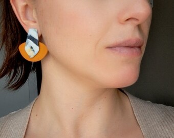 Polymer clay earrings / Statement earrings / Gold earrings 18k / Handmade earrings / Mid century / Art Deco / Gift for Her