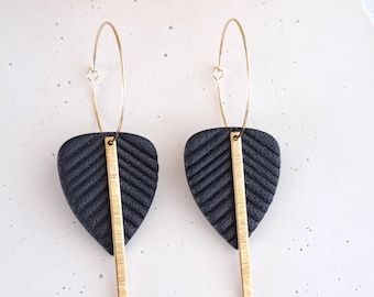 Handmade Black Polymer Clay Hoop Earrings, Gold Accent Dangle