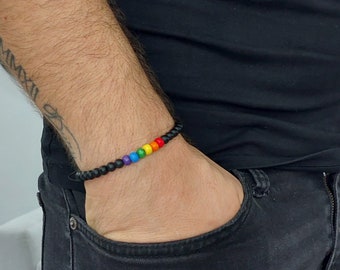 Bracelet fierté hématite pour homme et femme - Bijoux LGBT CSD Festival - Gay Lesbian Bisexual Bi Transgender - Style Boho Ethno fait main