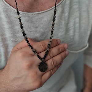 Minimal Bronze Triangle Spike Necklace- Mens Statement Pirate Necklace- Tribal Coconut Shell Necklace For Men Boho Beaded Long Necklace gift