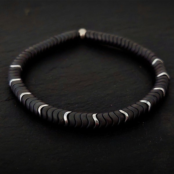 Hematite Matte black and silver gray snake men women bracelet , Mens Bracelet Gift For Him , Unique , Mens Hematite Snake Beaded Bracelet