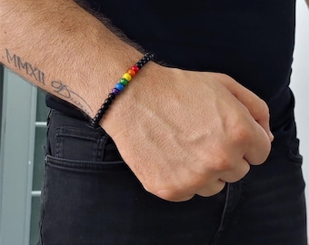Handmade Hematite Rainbow Pride Bracelet: Adjustable, Skin-Friendly Beads