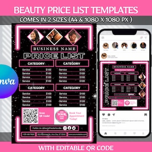 Editable Price List Templates, Beauty Price List Canva Template, Pink DIY Price List, Lash Tech Nail Hair Salon Business Black and Pink Glam
