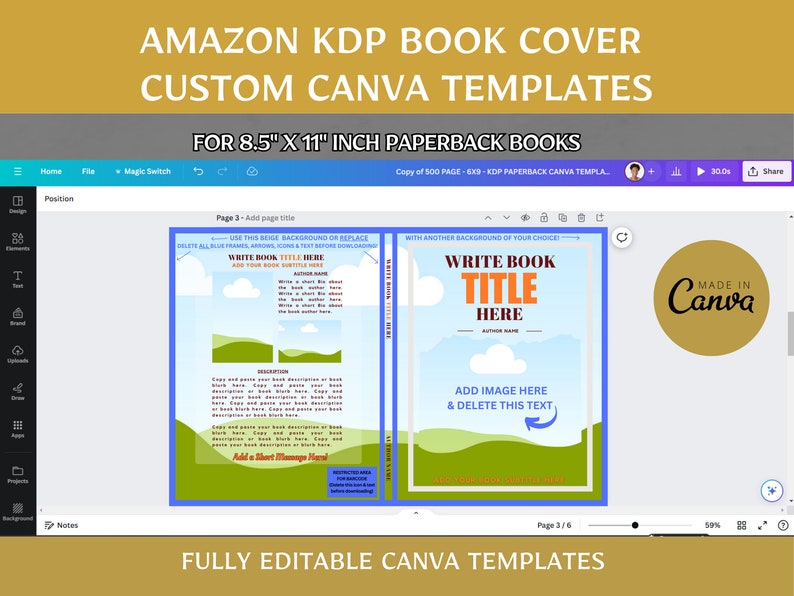 Editable Canva Book Cover Templates, 8.5x11 Paperback Amazon KDP Book