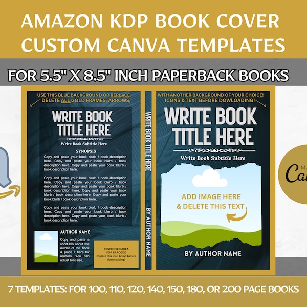 Editable Canva Book Cover Templates, 5.5x8.5" Paperback Amazon KDP Book Cover Template Bundle 100, 110, 120, 140, 150, 180, 200 Page Books
