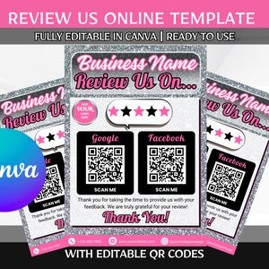 Bewertung uns Zeichen, lassen Sie uns eine Bewertung, Fragen Sie nach überprüfen QR-Code-Zeichen Vorlage Canva, bearbeitbare Google Bewertung, Facebook Bewertung, Geschäft Testimonial