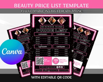 May include: A pink and black price list template for a beauty business. The template features a neon pink border, a black background with white stars, and a QR code. The text "BUSINESS NAME PRICE LIST" is in bold white letters. The template includes a table with categories and prices for services.
