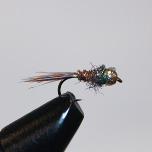 May include: A brown and copper fly fishing lure with a green and gold bead head.