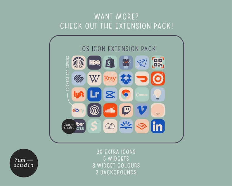 Op de afbeelding: Een kleurrijke illustratie van een iOS-pictogramuitbreidingspakket met 30 extra app-hoezen, 30 extra pictogrammen, 5 widgets, 8 widgetkleuren en 2 achtergronden. De afbeelding bevat logo's van populaire apps zoals Starbucks, HBO, Etsy, Lyft en Canva.
