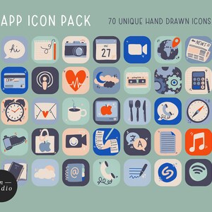 Op de afbeelding: Een set van 70 unieke handgetekende app-pictogrammen in een rasterpatroon. De pictogrammen zijn kleurrijk en bevatten verschillende ontwerpen, waaronder een camera, een hart, een klok, een koffiekopje, een notitie, een muzieknoot, een telefoon en een wolk.