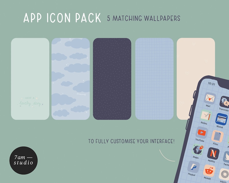 Op de afbeelding: Een set van vijf telefoonachtergronden met verschillende patronen, waaronder wolken, stippen en rasterpatronen. De tekst "APP ICON PACK 5 MATCHING WALLPAPERS" staat bovenaan de afbeelding. De tekst "TO FULLY CUSTOMISE YOUR INTERFACE!" staat in het midden van de afbeelding. De tekst "7am studio" staat onderaan de afbeelding. Een telefoon met een rasterpatroonachtergrond is te zien in de rechterbenedenhoek van de afbeelding.