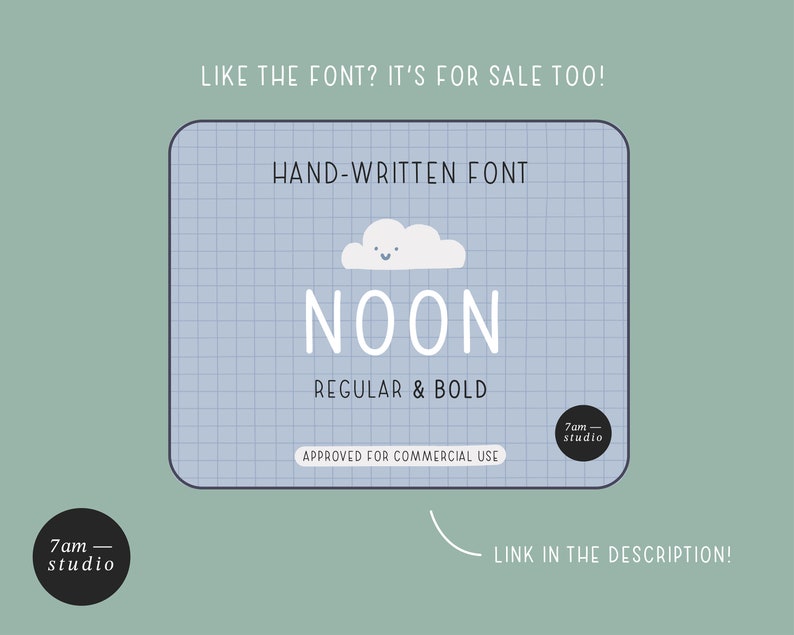 Op de afbeelding: Een blauwe en witte afbeelding met de tekst "HAND-WRITTEN FONT" en "NOON" in een handschrift. De afbeelding bevat ook een kleine wolk met een smiley. De tekst "REGULAR & BOLD" en "APPROVED FOR COMMERCIAL USE" is ook inbegrepen. De afbeelding is omgeven door een blauw raster.