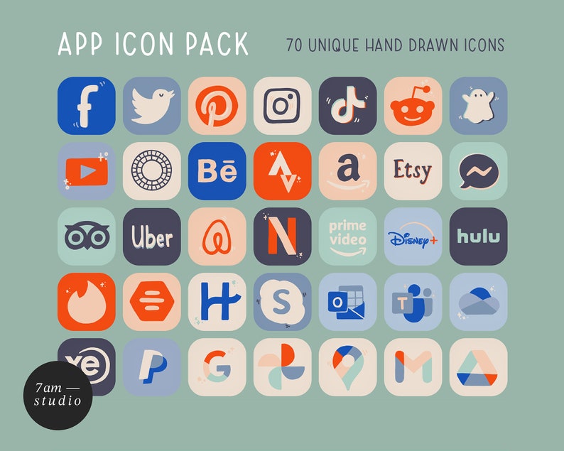 Op de afbeelding: Een set van 70 unieke handgetekende app-pictogrammen in een rasterformaat. De pictogrammen zijn kleurrijk en tonen populaire apps zoals Facebook, Twitter, Pinterest, Instagram, TikTok, Reddit en meer.