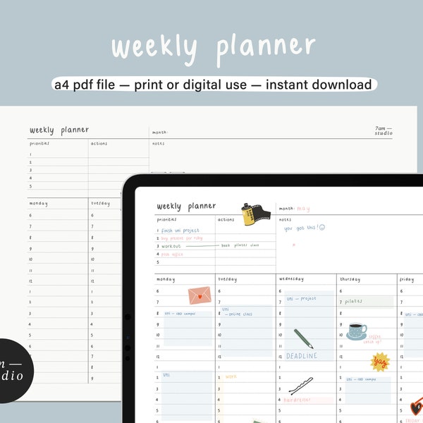 undated WEEKLY PLANNER printable PDF / digital use — instant download — A4 / GoodNotes — minimalistic design — desk pad planner