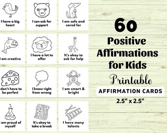 Puede incluir: Un conjunto de 60 tarjetas de afirmaciones positivas para niños, con ilustraciones en blanco y negro de animales y objetos. Cada tarjeta incluye una afirmación positiva. Las tarjetas miden 6,35 cm x 6,35 cm y están etiquetadas como "Tarjetas de afirmación imprimibles".