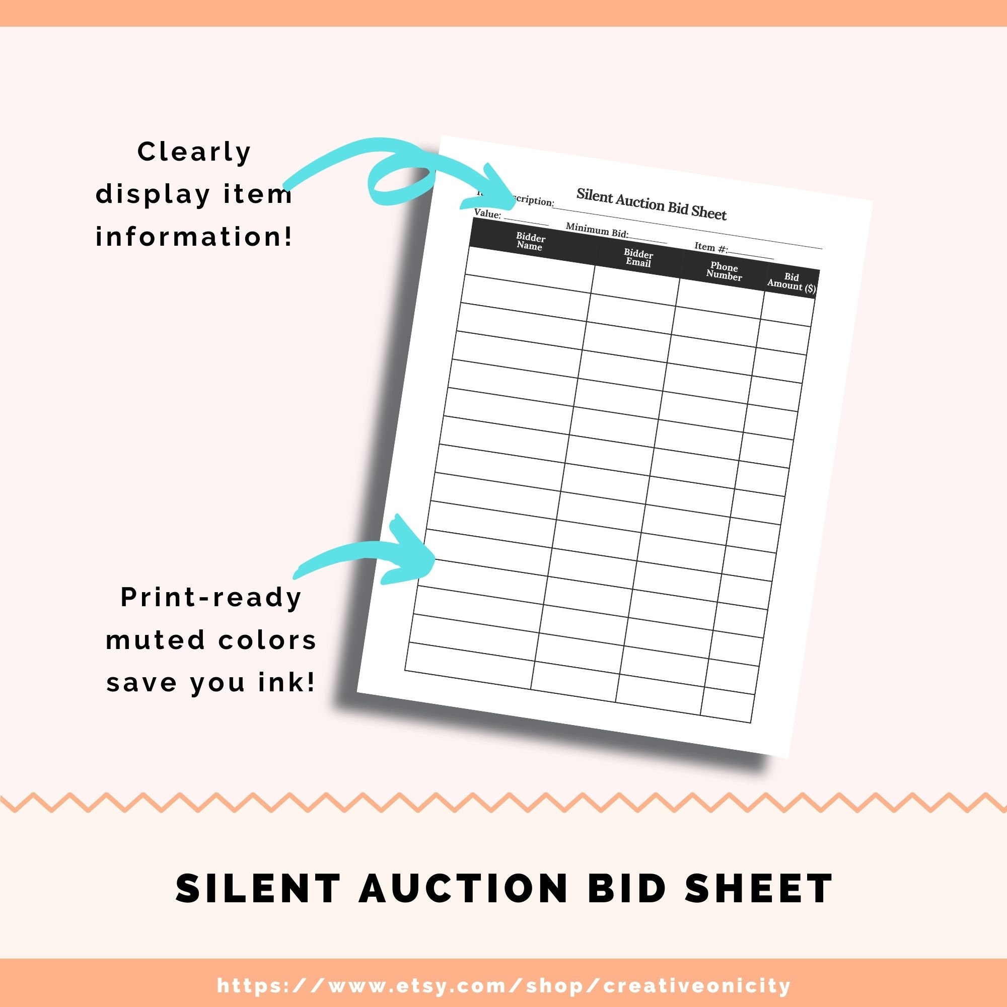 Silent Auction Bid Sheet Printable Bid Sheet Fundraiser Event Silent Auction Bid Sheet Printable Bid Sheet Fundraiser Event