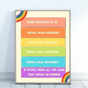 Póster imprimible de necesidades especiales en el aula, Ser diferente está bien, Estilo Boho, Arco iris, niños con diferencias, Necesidades especiales, discapacidad