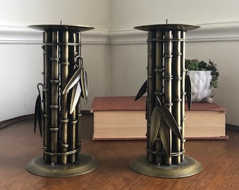 Vintage Brass Bamboo Candle Holders (Set of 2) – Bohemian Candle Holders, Matching Candle Holders, Pillar Candleholders, Asian Decor