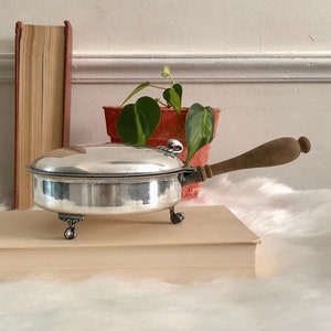 May include: A small, silver saucepan with a lid and a wooden handle. The pan rests on three small feet. A book and a potted plant are in the background. The pan is on a light-coloured wooden box, which is on a table covered with white fur.