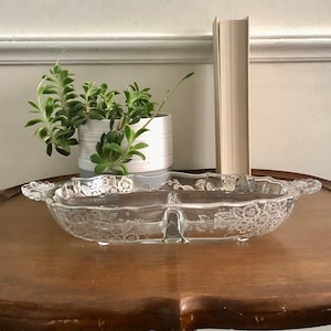 Vintage Silver Glass Floral Candy Dish -  Silver Leaf, Chunky Glass, Trinket Tray