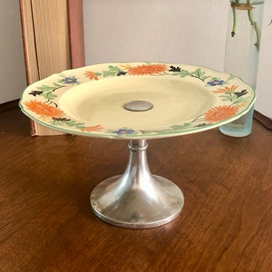 Vintage Royal Venton Serving Plate on Silver Base - Floral Plate, Silver Tableware, Hand Painted Dish