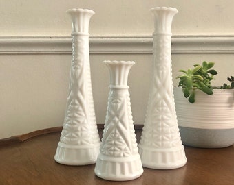 Vintage Milk Glass Bud Vases - Shabby Chic, Hobnail Milk Glass, Farmhouse Decor