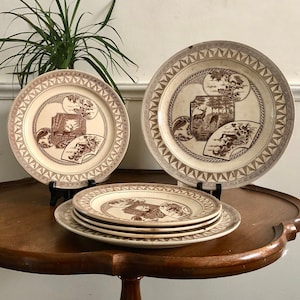 Antique IronStone Transferware Plate Set - JD & Co, Brown Aesthetic, Collectible Plates, Farmhouse Decor