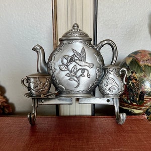Vintage Tea Set Wall Hanger - Coat Hanger, Wall Art, Silver Wall Hanging