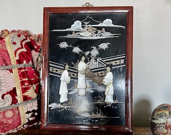 Vintage Asian Mother of Pearl Relief Wall Art- Chinoiserie, Japanese Art, Black Lacquer, Geisha Art