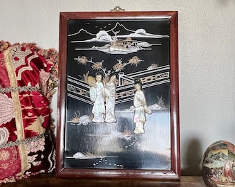 Vintage Asian Mother of Pearl Relief Wall Art- Chinoiserie, Japanese Art, Black Lacquer, Geisha Art
