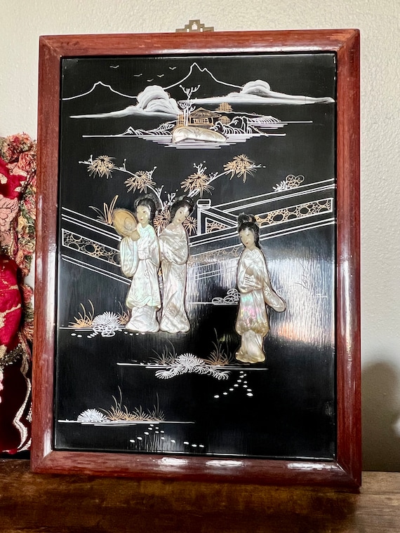 Vintage Asian Mother of Pearl Relief Wall Art- Chinoiserie