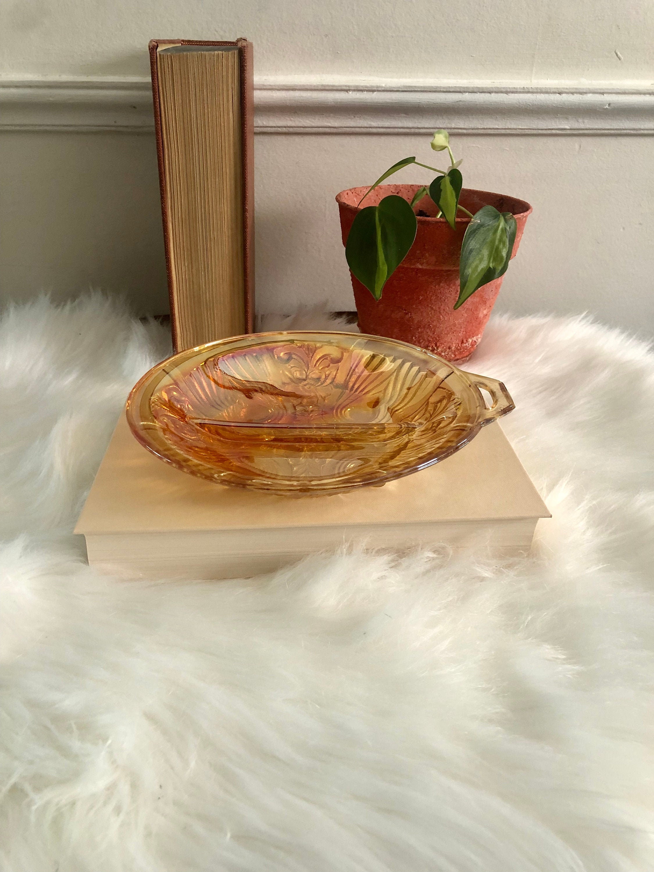 Vintage Amber Iridescent Glass Vanity Tray Candy Dish Wall Etsy UK