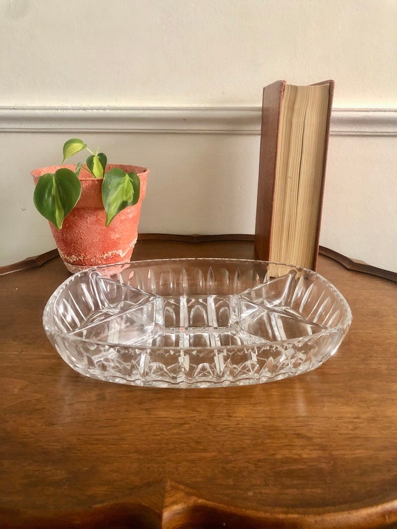 Vintage Crystal Tray Chunky Glass, Four Compartment Tray, Glass