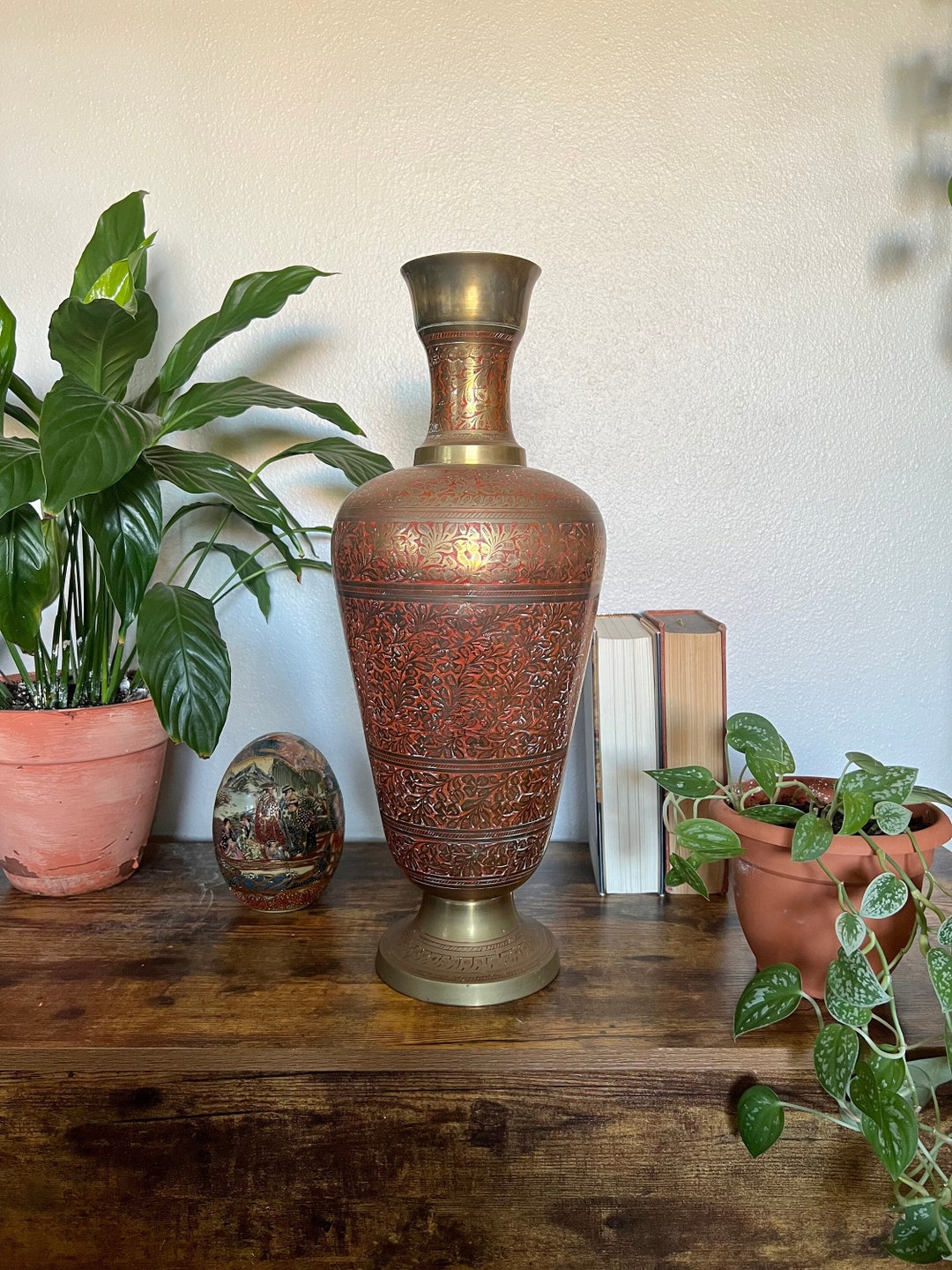 Vintage Brass Vase Indian Brass, Large Brass Vase, Painted Brass Vase