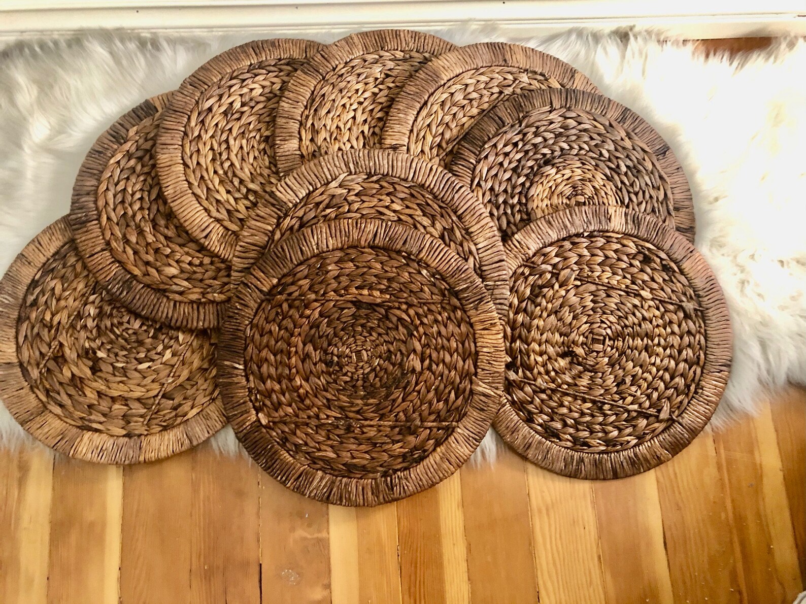 Vintage Circular Woven Placemats Set of 9 Reed Placemats Etsy