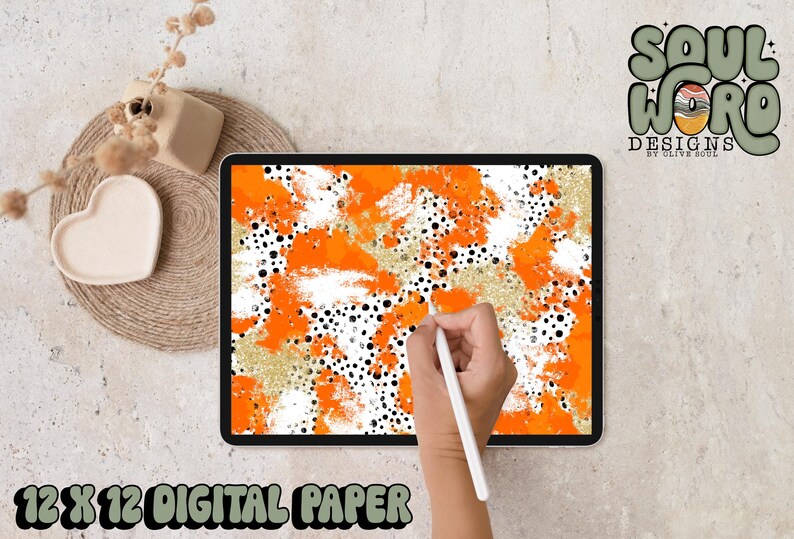 Orange/gold Glitter Dalmatian Mashup Brushstroke Digital Paper, 12x12
