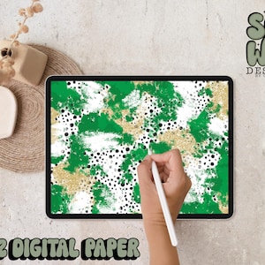 Kelly Green/Gold Glitter Dalmatian Mashup Brushstroke Carta digitale, 12"x12" Carta digitale per sublimazione, PNG, Design originale