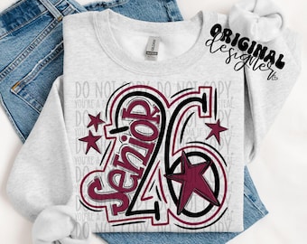 Senior 2026 Doodle Maroon & Black Sublimation Design, School Spirit/ Back To School Design for Sublimation, PNG, Original Design