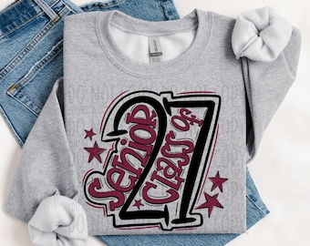 Senior Class of 2027 Doodle Design | Back to School Shirt Graphic | Black & Maroon Graduation PNG | Digital Download