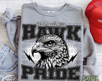 May include: Gray sweatshirt with a black and white graphic of a hawk with the text "Welcome to our house Hawk Pride".