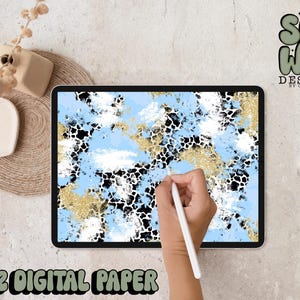 Carta digitale con pennellate di mashup di macchie glitterate blu chiaro (Carolina)/oro, 12"x12" Carta digitale per sublimazione, PNG, design originale