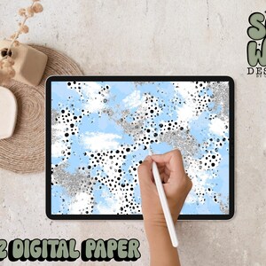 Carta digitale con pennellate di dalmata blu chiaro (Carolina)/argento glitterato, 12"x12" Carta digitale per sublimazione, PNG, design originale