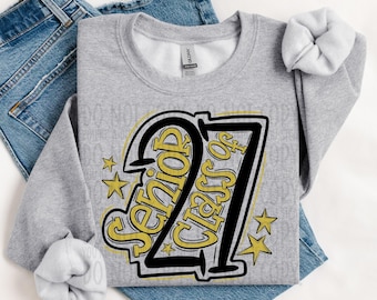 Senior Class of 2027 Doodle Design | Back to School Shirt Graphic | Black & Vegas Gold Graduation PNG | Digital Download